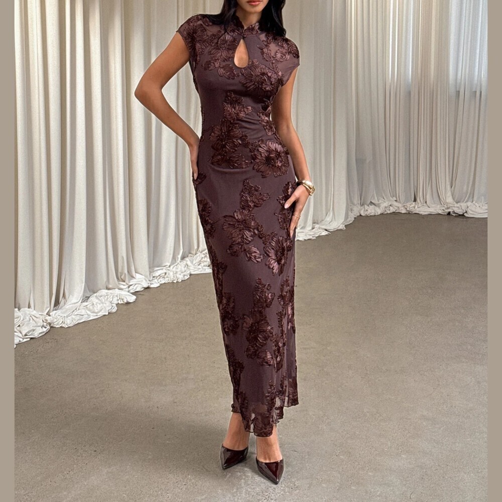 Brown Floral Burnout Mandarin Collar Keyhole Cap Sleeve Maxi Dress